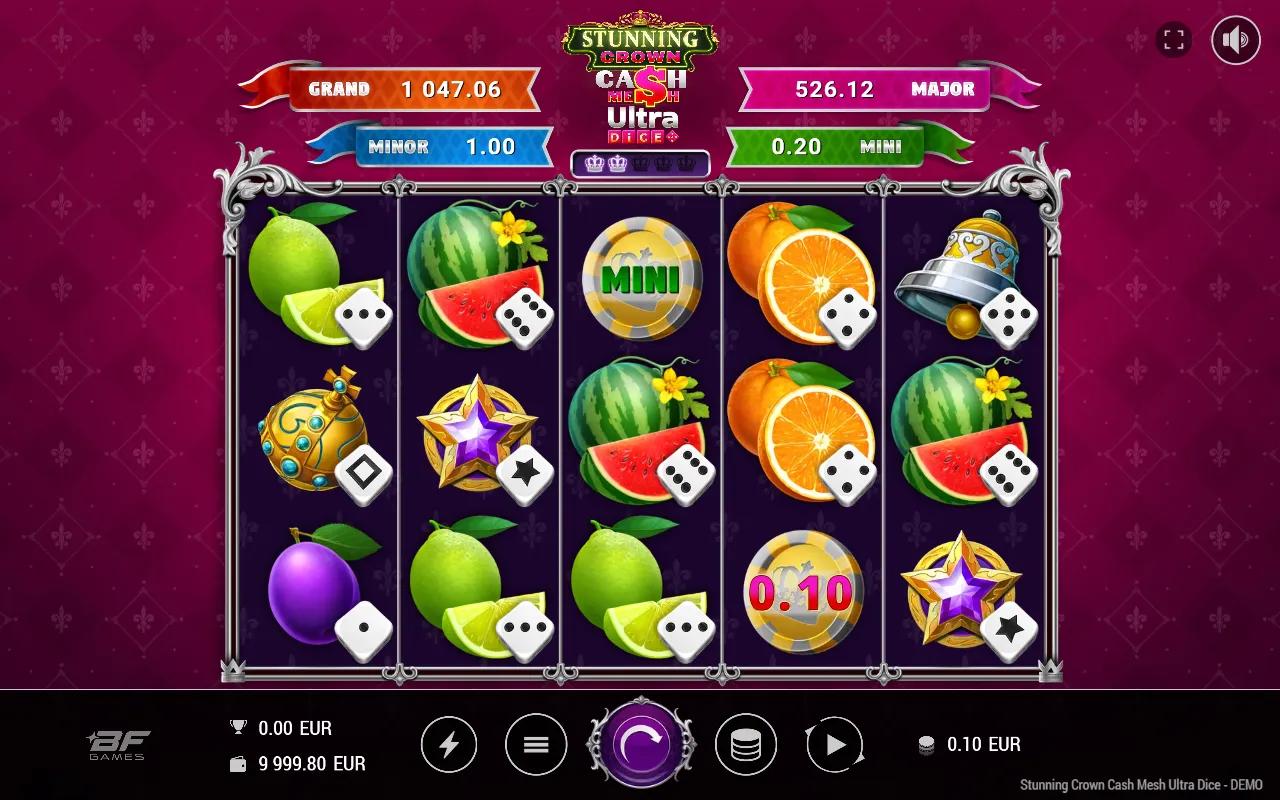 Stunning Crown Cash Mesh Ultra Dice slot 5x3 grid with MINI and 0.10 Cash Mesh coins and two star scatters