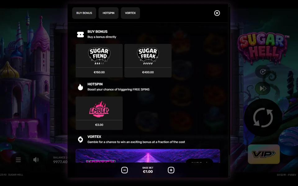 Sugar Hell VIP menu listing the bonus buys, the Ember ante and the Vortex gamble