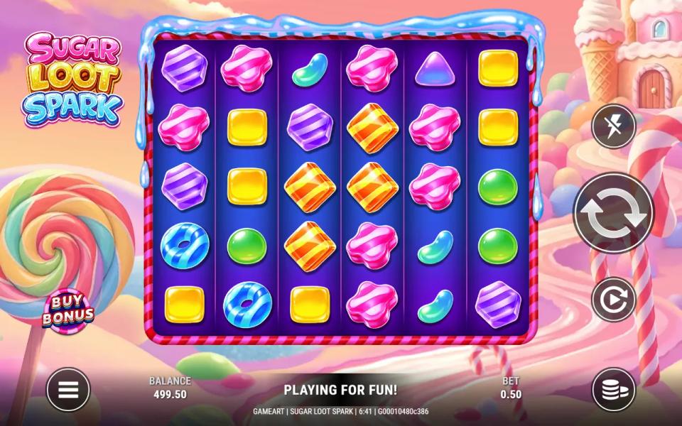 Sugar Loot Spark 6x5 grid showing a full spread of candy symbols with no cluster of eight and nothing paying