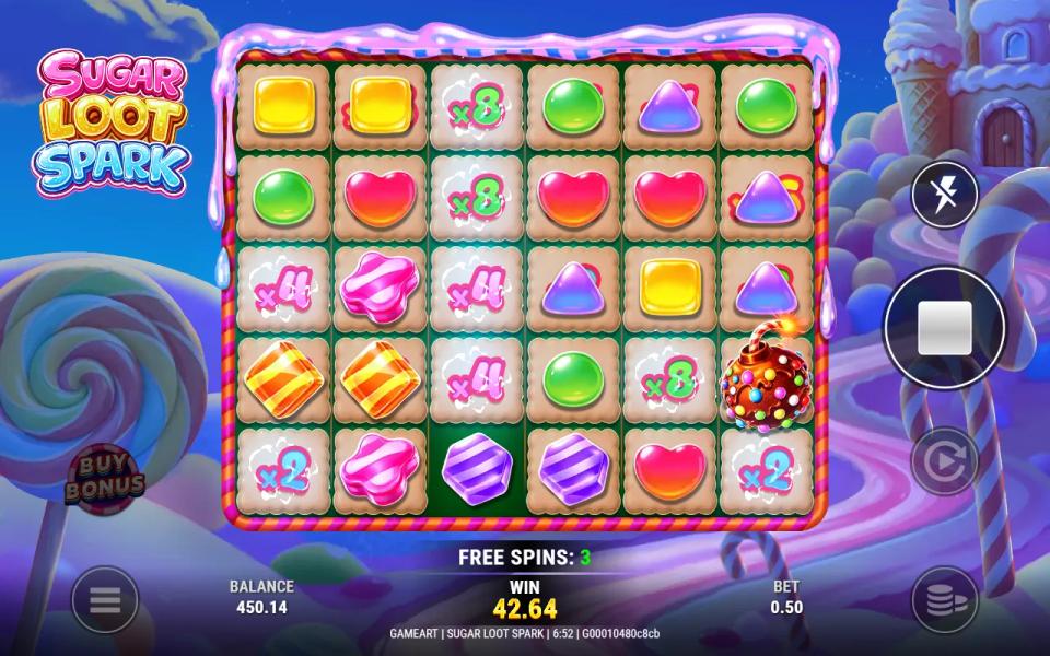 Multiplier tiles in the Sugar Loot Spark free spins grown to x8, stuck to their squares across the grid