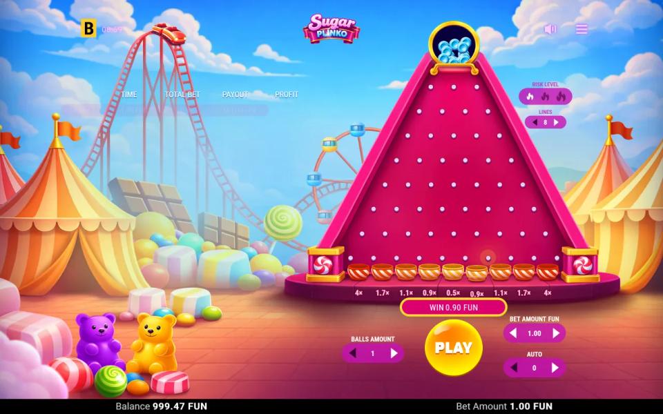 Sugar Plinko board on low risk with eight rows of pins and nine striped candy pots labelled from 4x at the edges down to 0.5x in the centre