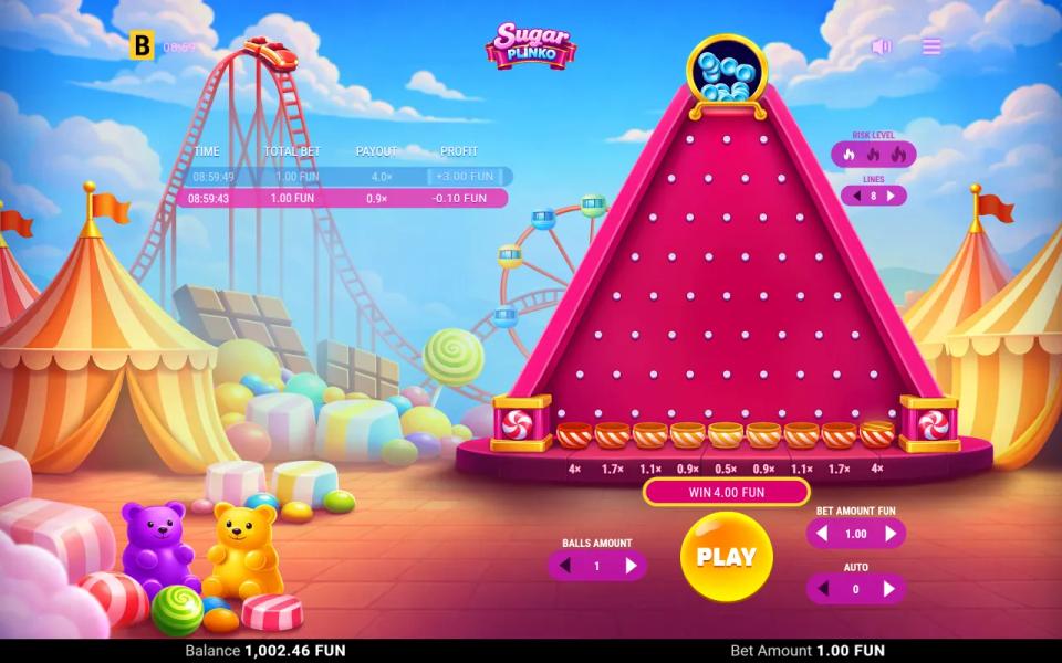 A gumball landing in the outermost 4x candy pot on Sugar Plinko's low-risk eight-row board