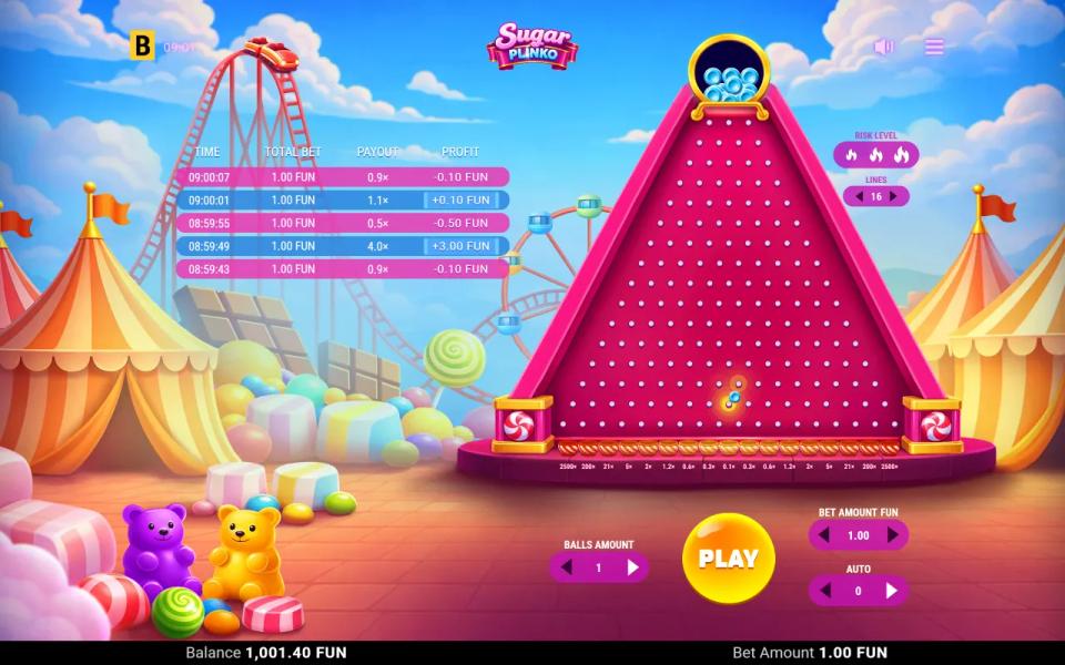 A gumball landing in the central 0.1x pot on Sugar Plinko's high-risk sixteen-row board