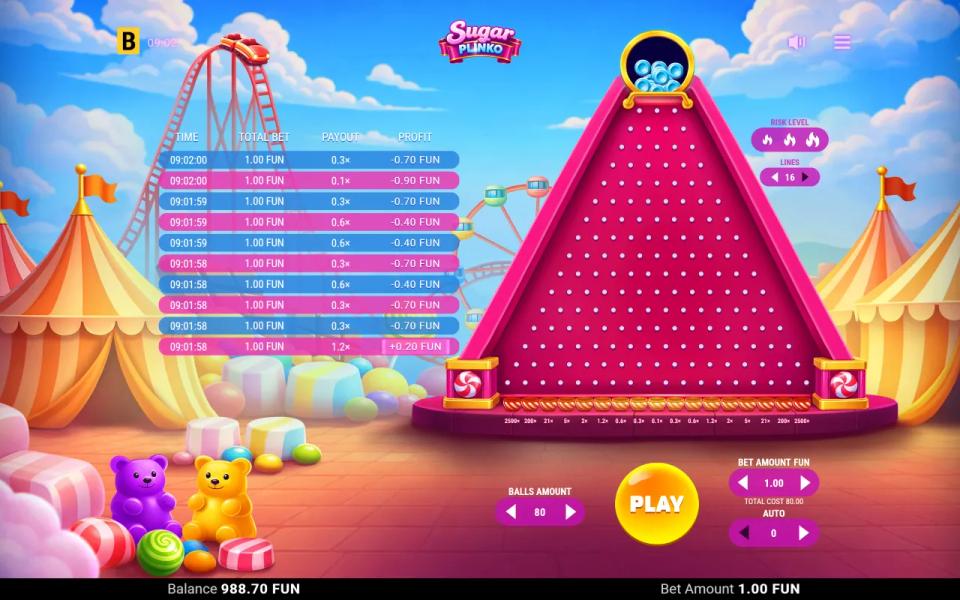 Sugar Plinko controls with Balls Amount set to 80 and a total cost of 80.00 shown beneath a bet amount of 1.00