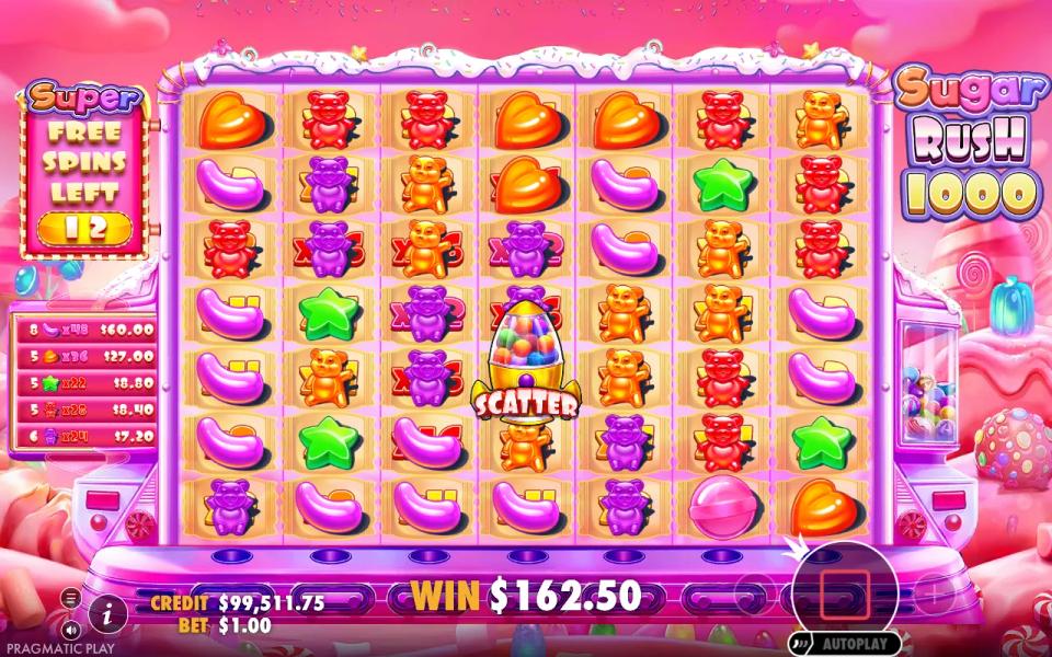 Sugar Rush 1000 super free spins on the 7x7 candy grid, five clusters of jellybeans, hearts, stars and gummy bears paying over marked multiplier spots