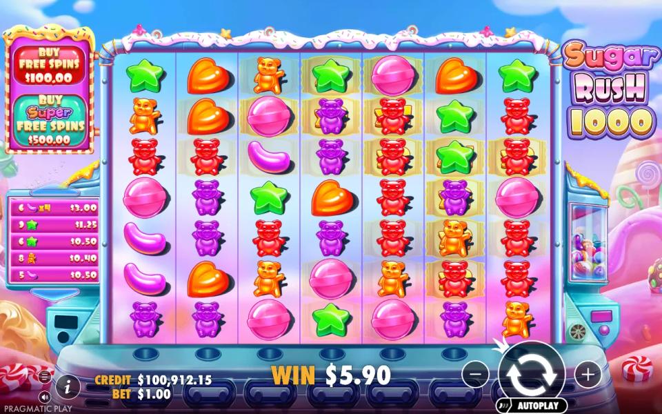 Sugar Rush 1000 base game board with marked cells and six jellybeans paying on a x4 spot at the end of a long tumble