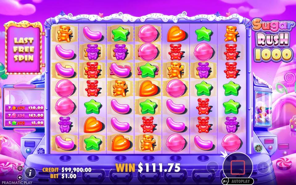 Last free spin of the 100x Sugar Rush 1000 bonus, lollipops on a x36 sum and hearts on a x24 sum paying together