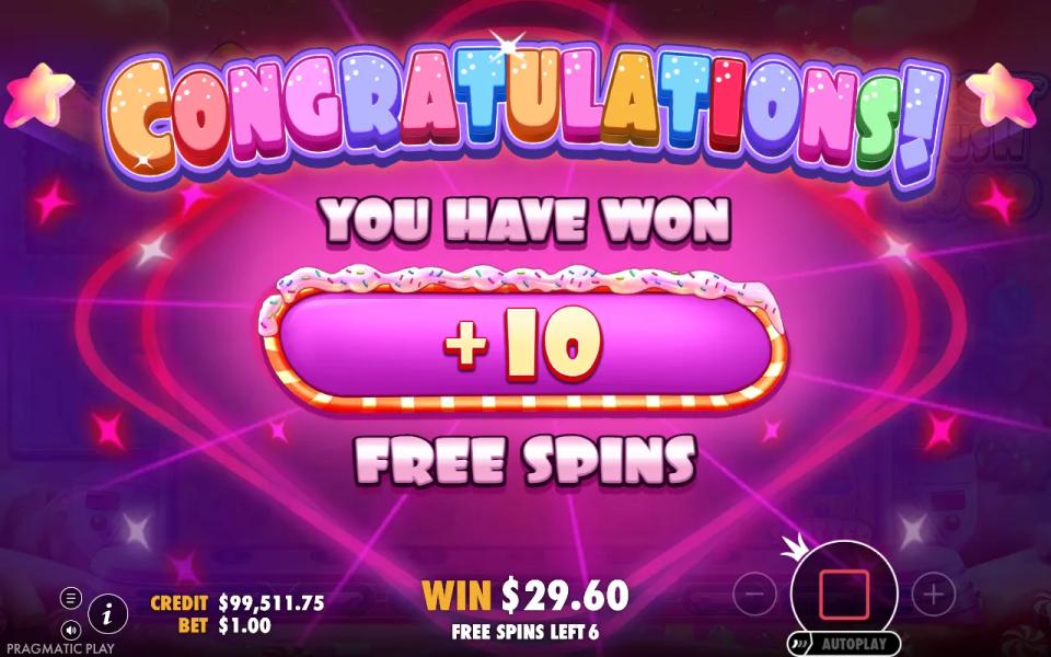 Sugar Rush 1000 retrigger screen awarding 10 more super free spins after three scatters