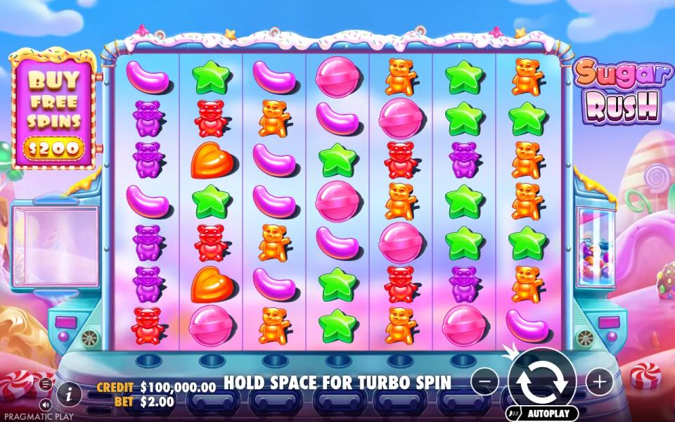 Sugar Rush 7x7 grid filled with jelly sweet symbols, with the buy free spins panel to the left