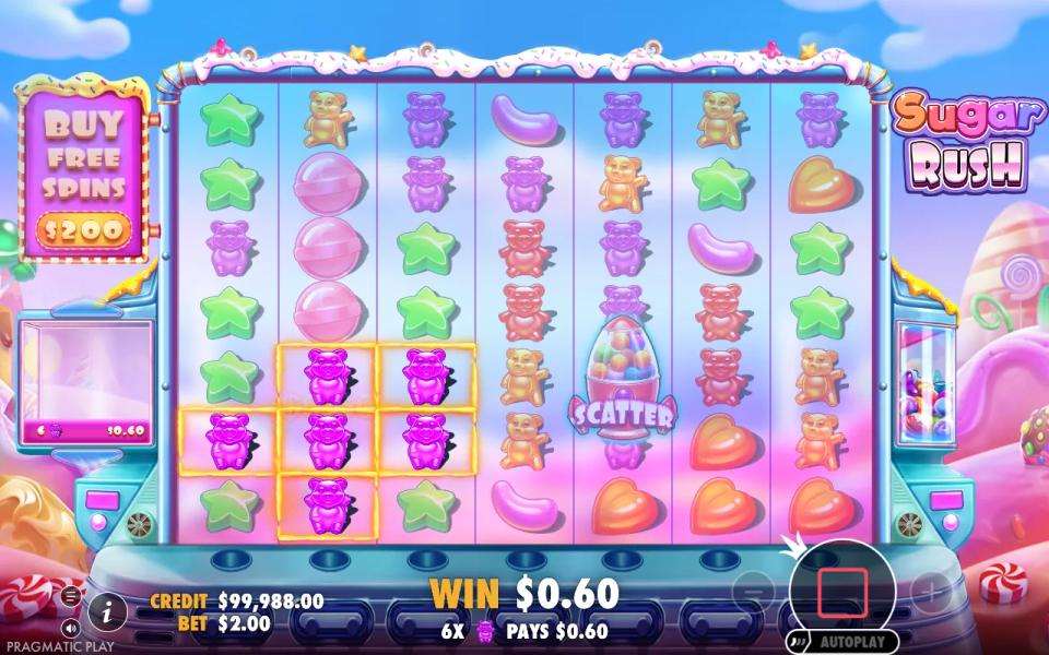 A cluster of six purple gummy bears highlighted on the Sugar Rush grid with the payout shown beneath