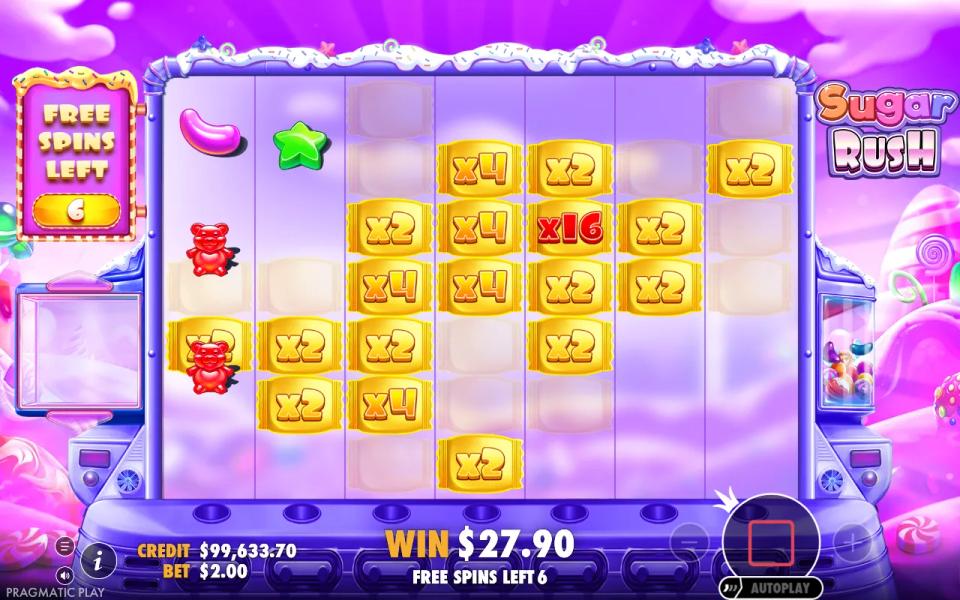 The Sugar Rush grid covered in golden multiplier tiles during the free spins round