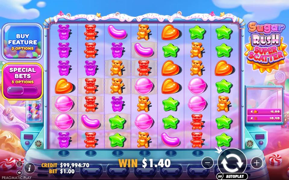 Sugar Rush Super Scatter 7x7 candy grid in the base game, with two gummy bear clusters paid and their cleared cells left marked