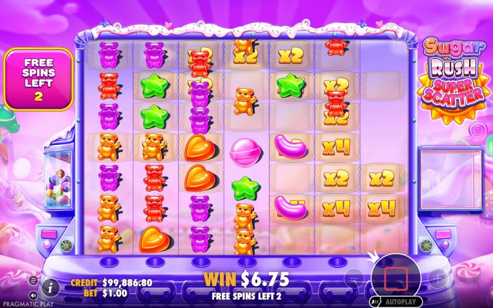 Free spins with x2 and x4 multiplier spots still on the grid from earlier spins while new candies drop in