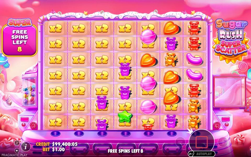 Super Free Spins opening with an x2 multiplier printed on every one of the 49 cells before any win