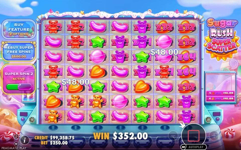 Super Spin 2 active at 250x with x32 and x64 cells under the candies and two bear clusters paying 48x each