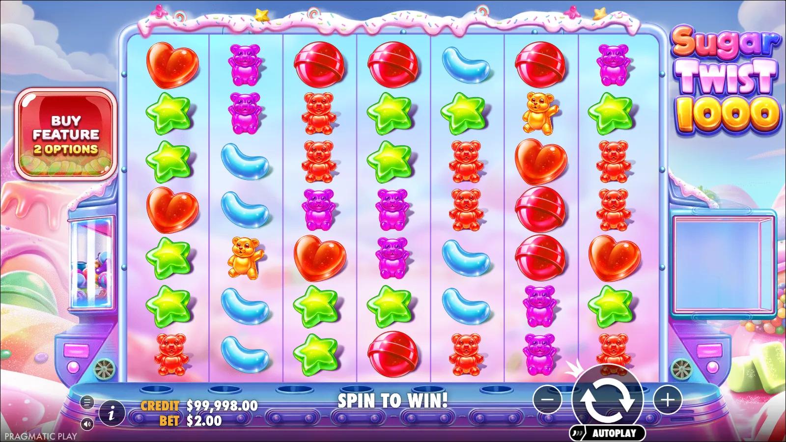 Sugar Twist 1000 slot gameplay showing 7x7 cluster pays grid with candy symbols and gummy bears