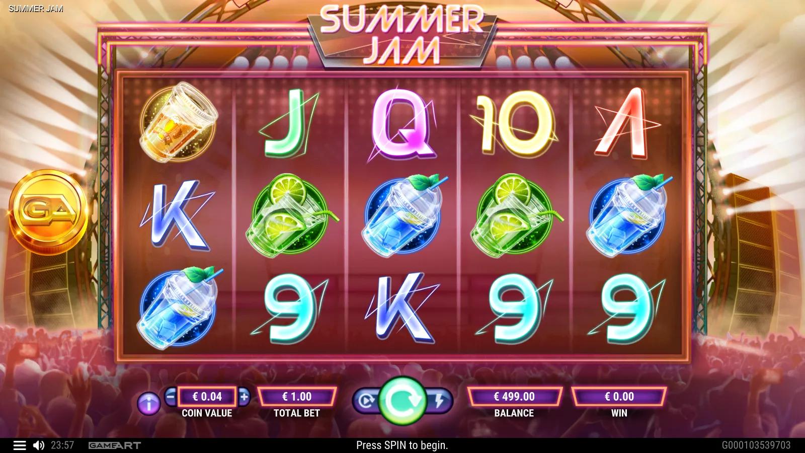 Summer Jam slot gameplay showing the 5x3 reels with festival party-goer wilds, beer and cocktail symbols and a VIP ticket bonus on a neon stage