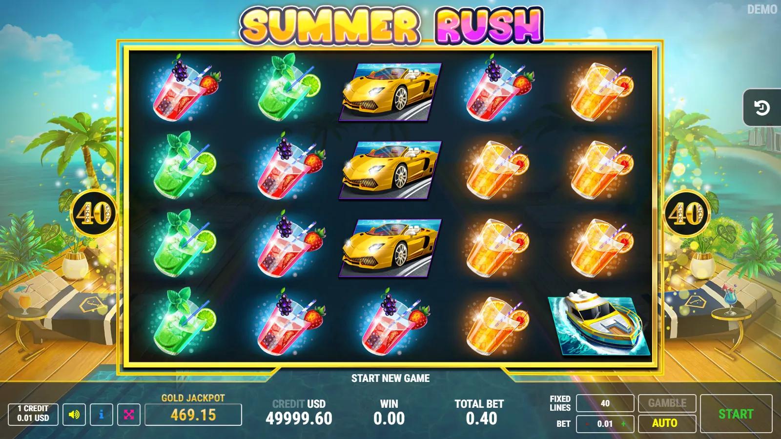 Summer Rush slot gameplay showing 5x4 luxury summer grid with sports car, yacht, cocktails, VIP bonus and 40 paylines