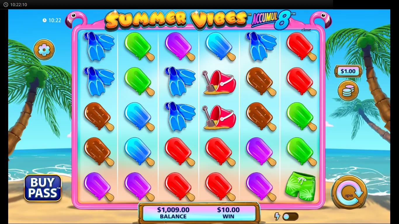 Summer Vibes Accumul8 beach-themed 6x5 reels with palm trees, flamingo border, and bucket symbols