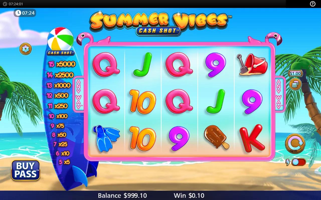 Summer Vibes Cash Shot 5x3 reels with beach balls, sun scatter and surfboard cash ladder on turquoise seaside backdrop