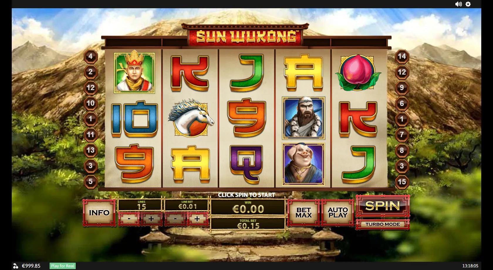 Sun Wukong slot: 5x3 15-line grid with the Monkey King wild, Pigsy, monk, dragon-horse and peach scatter