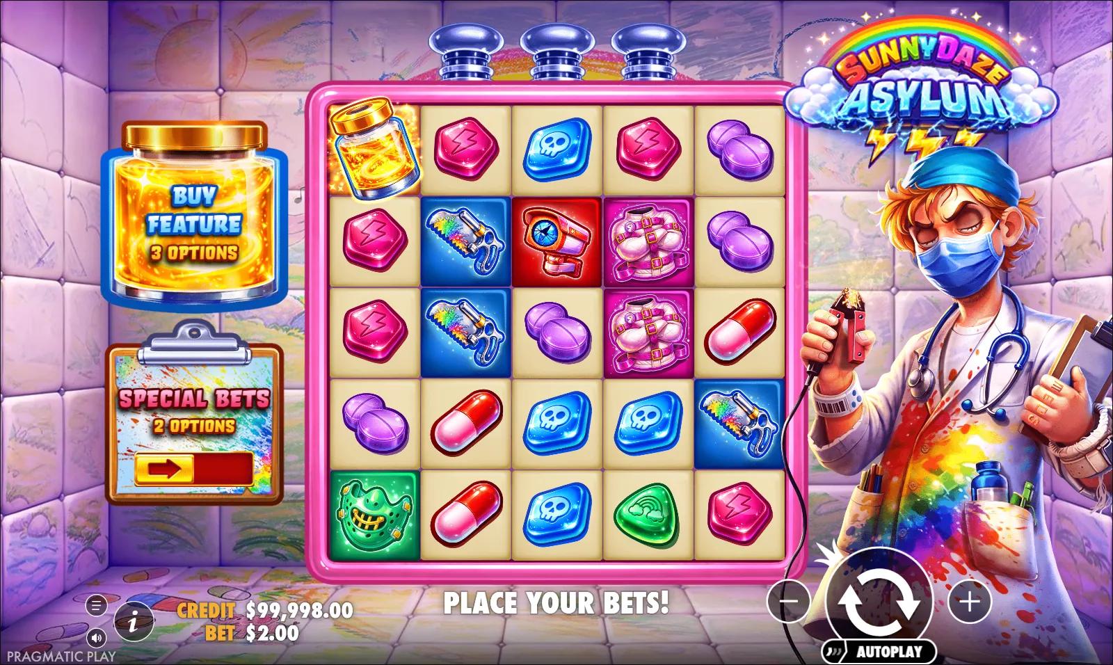 Sunnydaze Asylum slot gameplay showing 5x5 ways grid with medical-gadget symbols and Multiplier Scatter jars