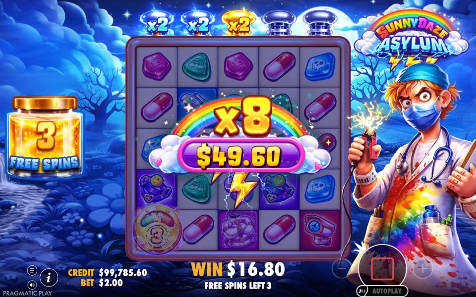 Sunnydaze Asylum multiplier canisters showing two silver x2 and one gold x2 combining into an x8 multiplier on a $49.60 win
