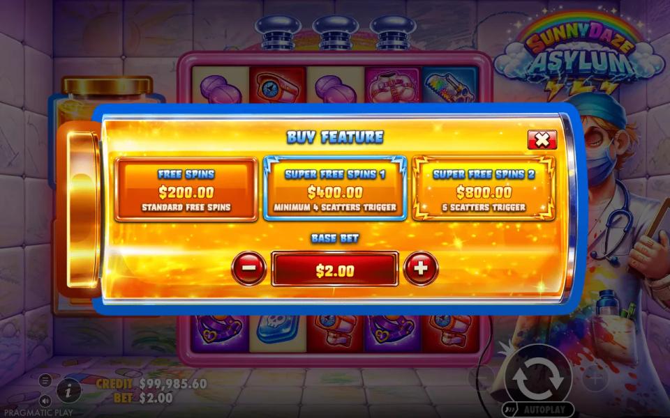 Sunnydaze Asylum buy feature menu offering free spins at $200, $400 and $800 with different guaranteed scatter counts