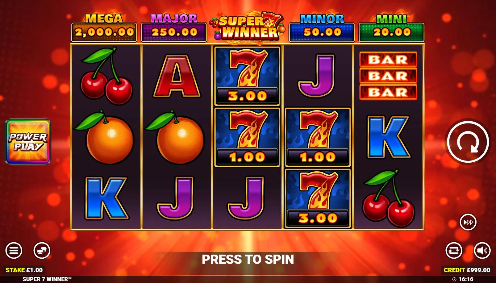 Super 7 Winner slot gameplay showing 5x3 grid with flaming red 7 Cash Prize symbols and MEGA/MAJOR/MINOR/MINI cashpot panel