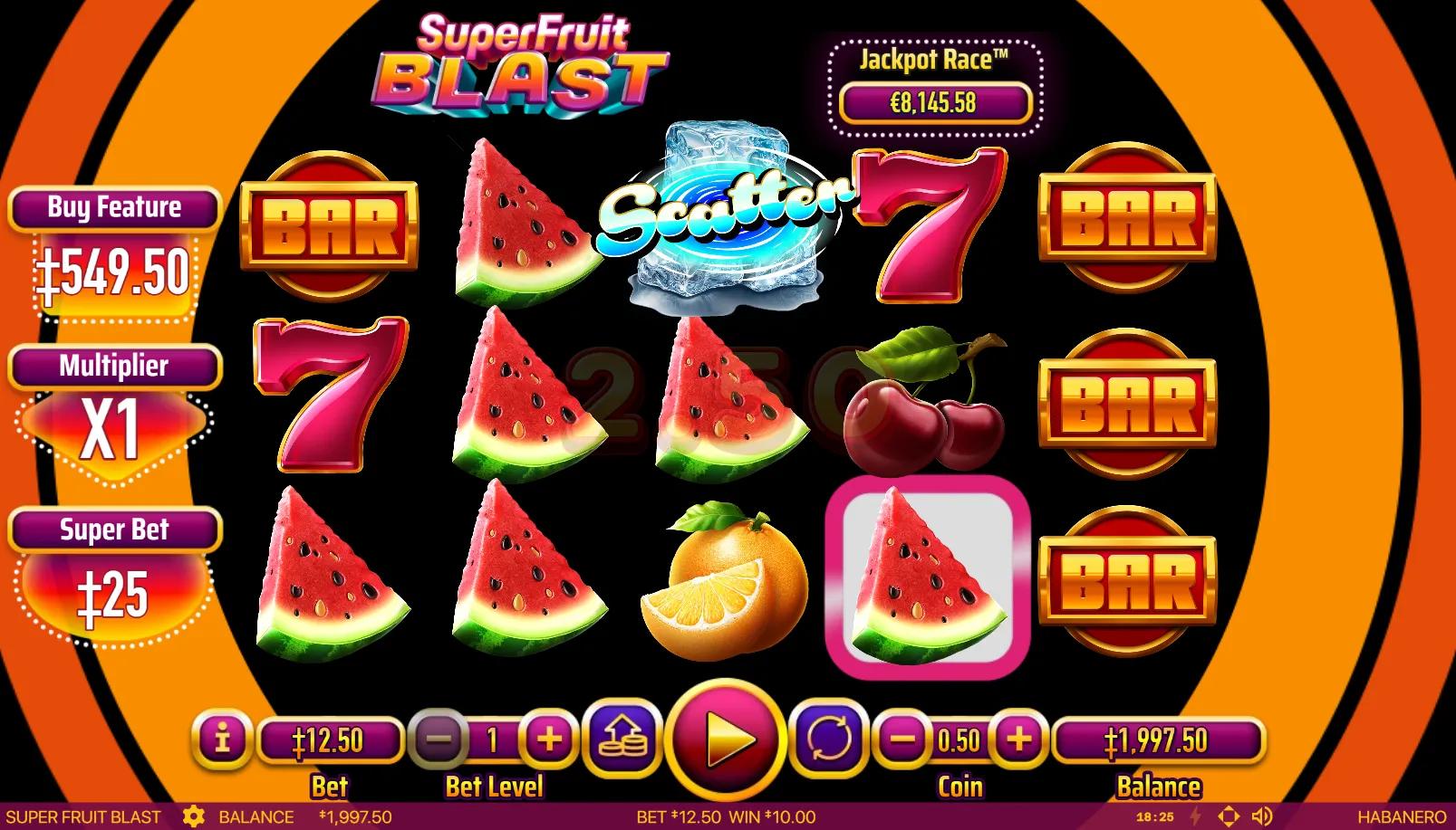 Super Fruit Blast slot gameplay showing 5x3 grid with cherries, watermelon, oranges, red 7 and BAR symbols on neon orange ring backdrop