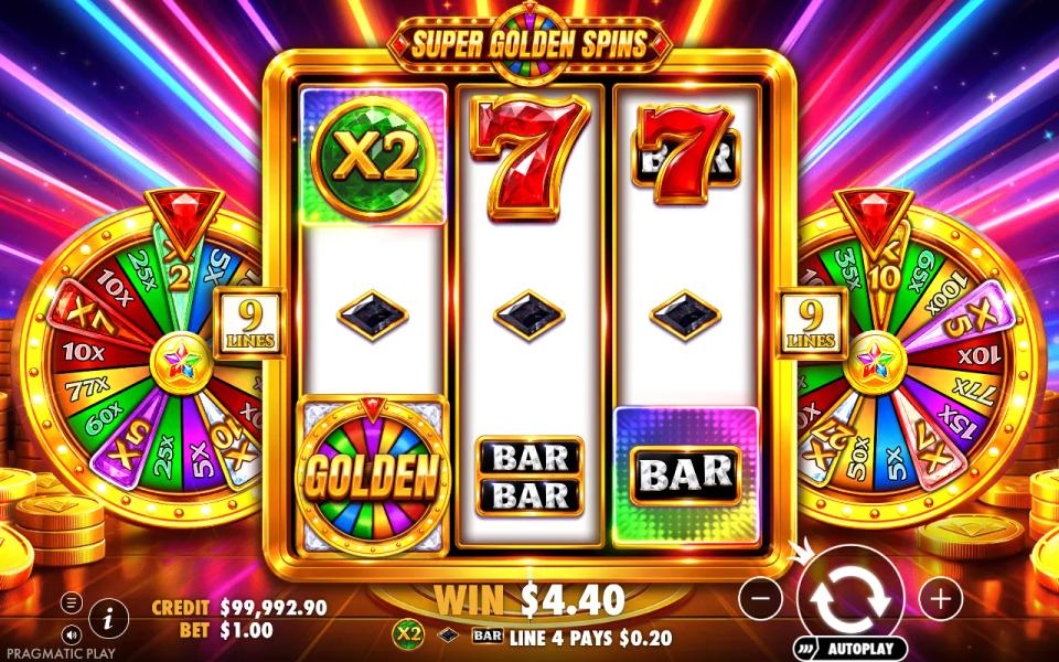 Super Golden Spins 3x3 reels with an X2 Wild, a Red Seven and a Bar Seven on the top row, a Golden Scatter bottom left and the two bonus wheels on either side