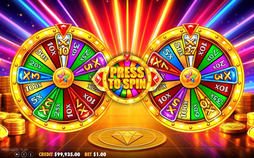 The two Super Golden Spins bonus wheels side by side with money values and multipliers, the x27 segment on the right wheel and a PRESS TO SPIN button between them