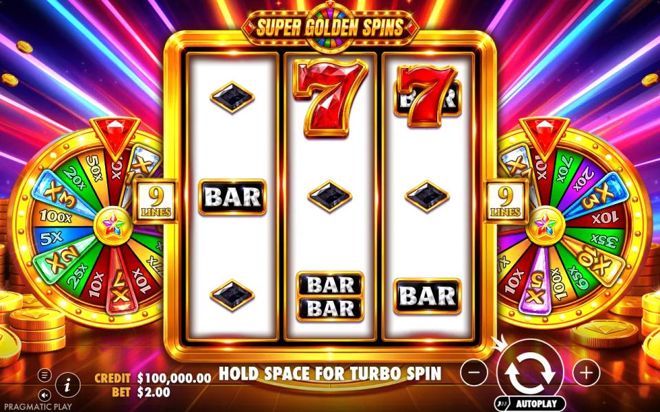 Super Golden Spins base screen: a 3x3 reel set of BARs and sevens with 9 LINES plaques and both bonus wheels parked to the left and right