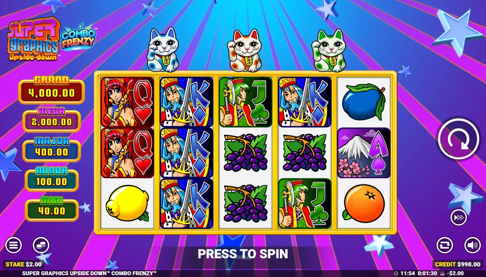 Super Graphics Upside Down slot 5x3 grid with three Maneki-neko Lucky Cats above the reels and 5-tier jackpot ladder