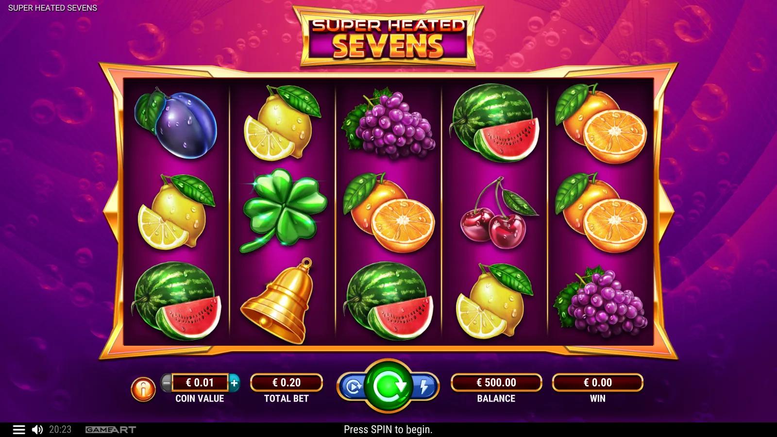 Super Heated Sevens slot gameplay showing the 5x3 fruit grid with watermelon, grapes, lemon, clover, red 7 Wild and purple star Scatter across 20 lines