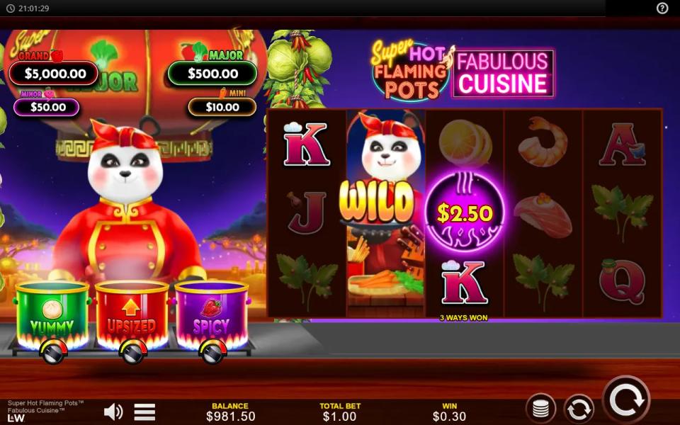 Super Hot Flaming Pots Fabulous Cuisine reels with the panda chef wild filling reel 2, a purple pot scatter with a printed prize and the three cooking pots below
