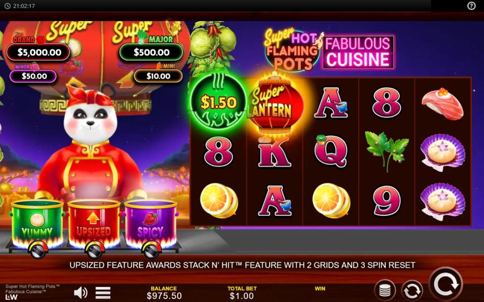 Green pot scatter with a printed cash value next to a Super Lantern scatter on the top row of the base game