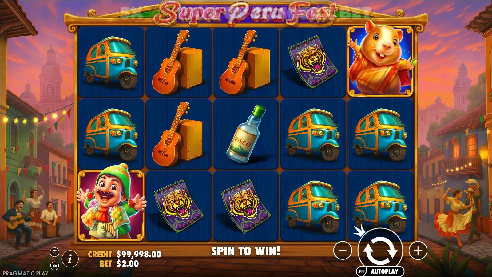 Super Peru Fest slot gameplay showing 5x3 grid with tuk-tuk, guitar, pisco bottle and guinea pig symbols on a Peruvian street