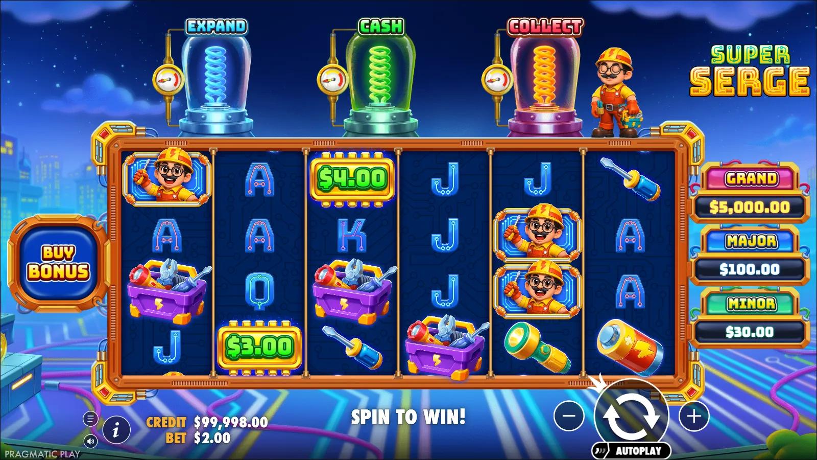 Super Serge slot gameplay showing the 6x4 ways grid with MONEY cash symbols, Serge Wilds and the EXPAND/CASH/COLLECT feature tubes