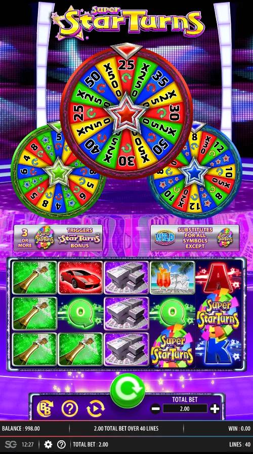 Super StarTurns slot gameplay showing the 5x3 grid with three prize wheels, sports car and scatter symbols