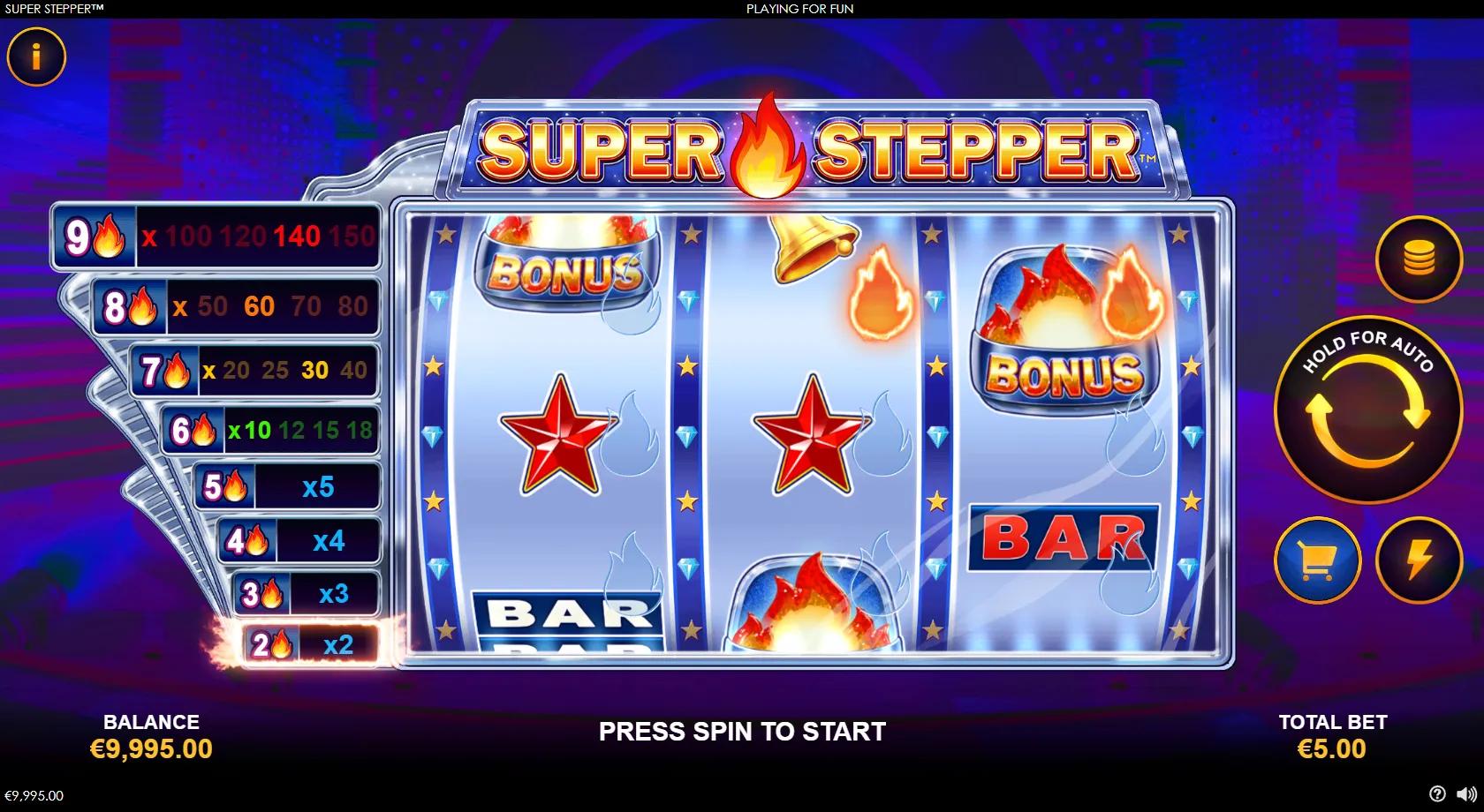 Super Stepper slot gameplay showing 3x3 classic-reel grid with flaming 7s, BAR symbols and a flame-lit multiplier ladder