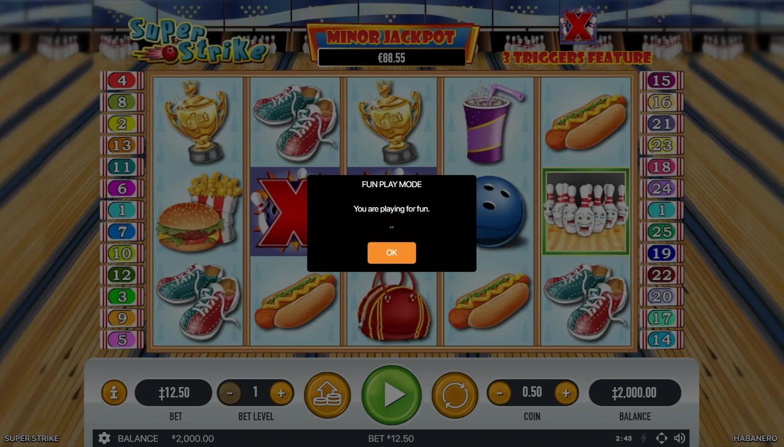 Super Strike slot gameplay showing 5x3 grid with bowler wild, smiley pin scatter, bowling ball, trophy, hot dog and taco on retro bowling-alley backdrop