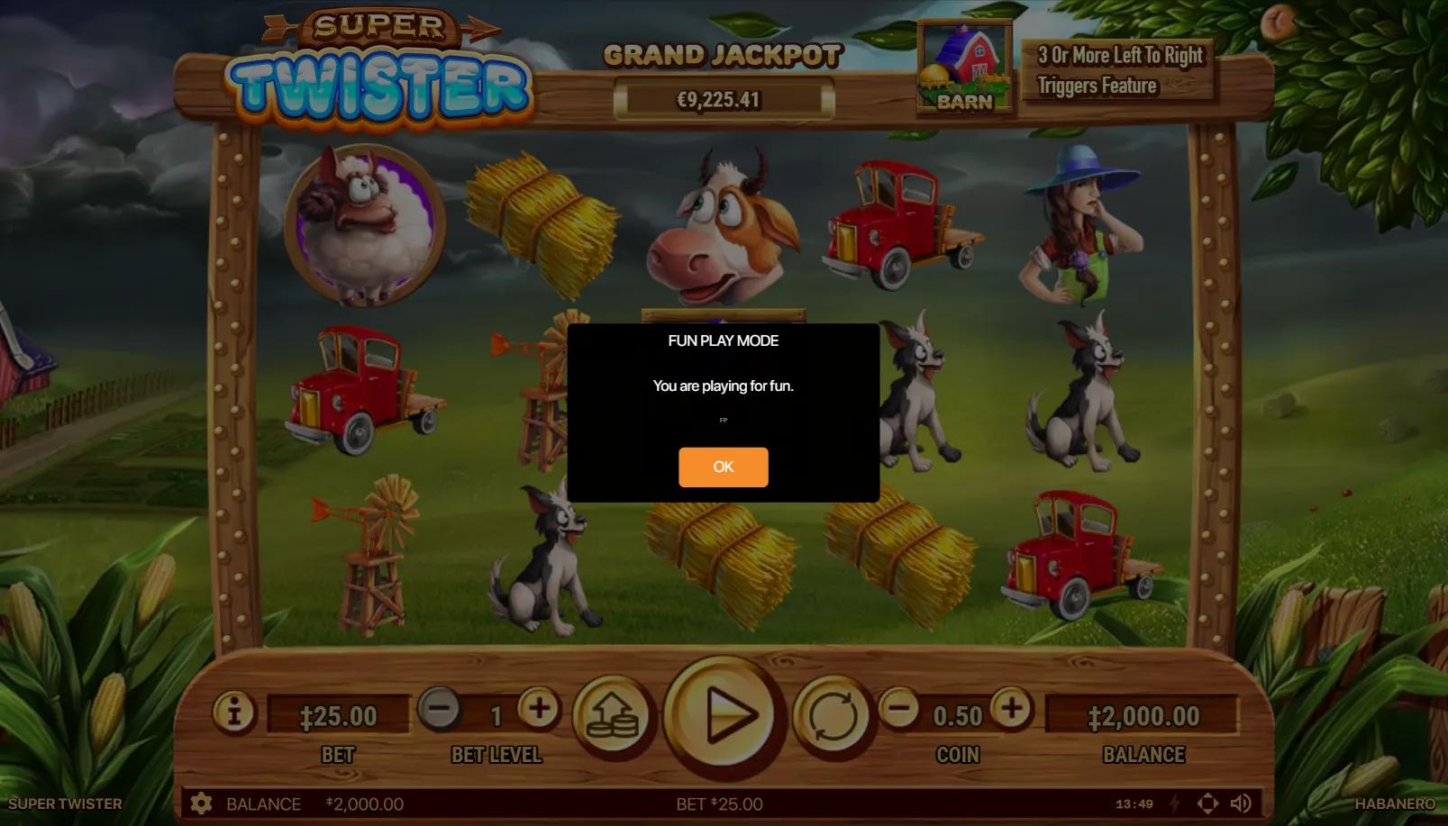 Super Twister slot showing 5x3 grid with farm animal symbols, barn cabinet frame, and tornado prairie backdrop