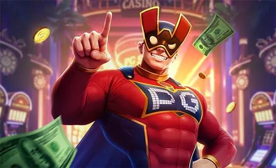 Super Wildrix slot showing 5x5 grid with superhero Wildrix Wild character in cyberpunk Crystal Casino setting