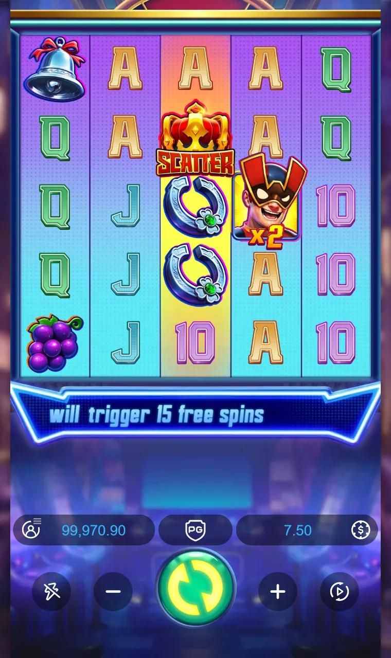Super Wildrix 5x5 grid with the masked hero landed as a single x2 tile on reel 4 during a losing base-game spin