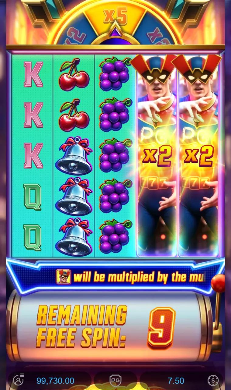 Super Wildrix free spin with two expanded hero reels on reels 4 and 5 under a x5 multiplier wheel and no win