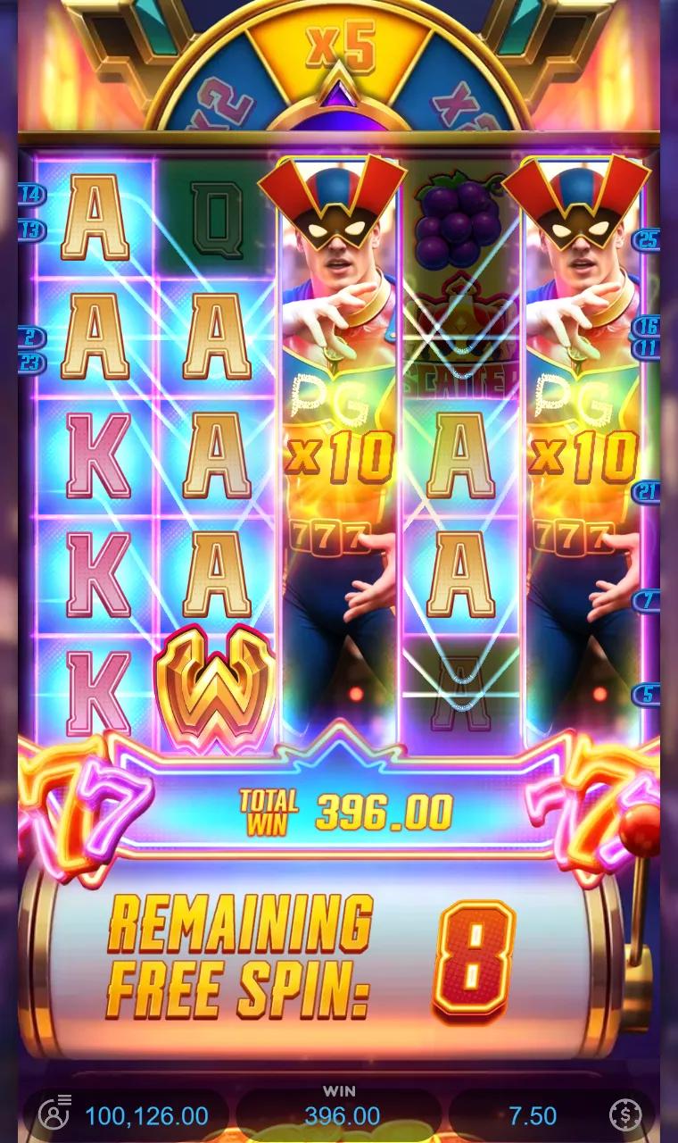 Super Wildrix free spin with two x10 hero reels inside ace and king lines, summed to x20 for a total win of 396.00