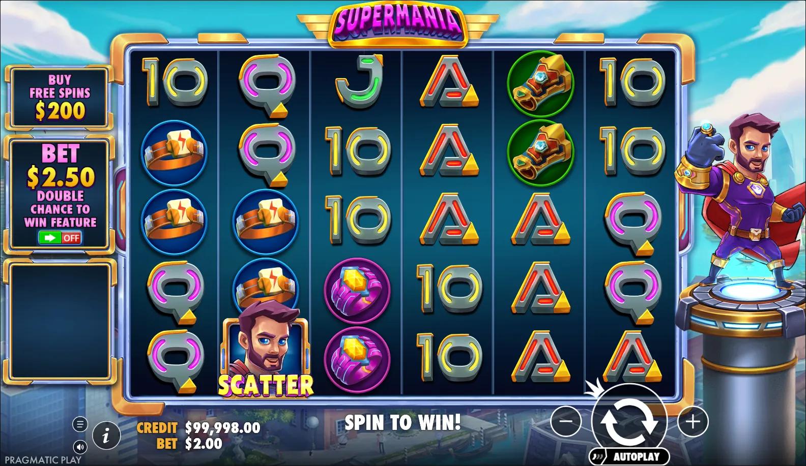 Supermania reels showing Superhero symbols and Ante Bet