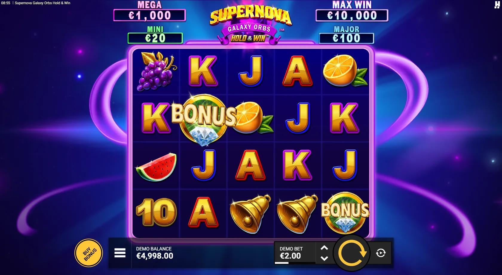 Supernova Galaxy Orbs slot gameplay showing 5x4 grid with diamond Bonus coins and jackpot ladder