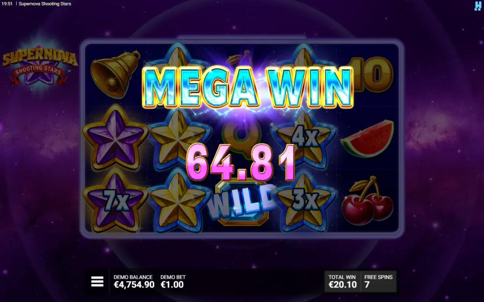 Starstruck free spin with a Mega Win banner over a board of Epic Stars and purple Stars showing 7x, 4x and 3x multipliers